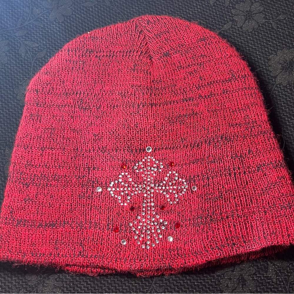 Knit Hat-Red w/Rhinestone Iron Cross OS